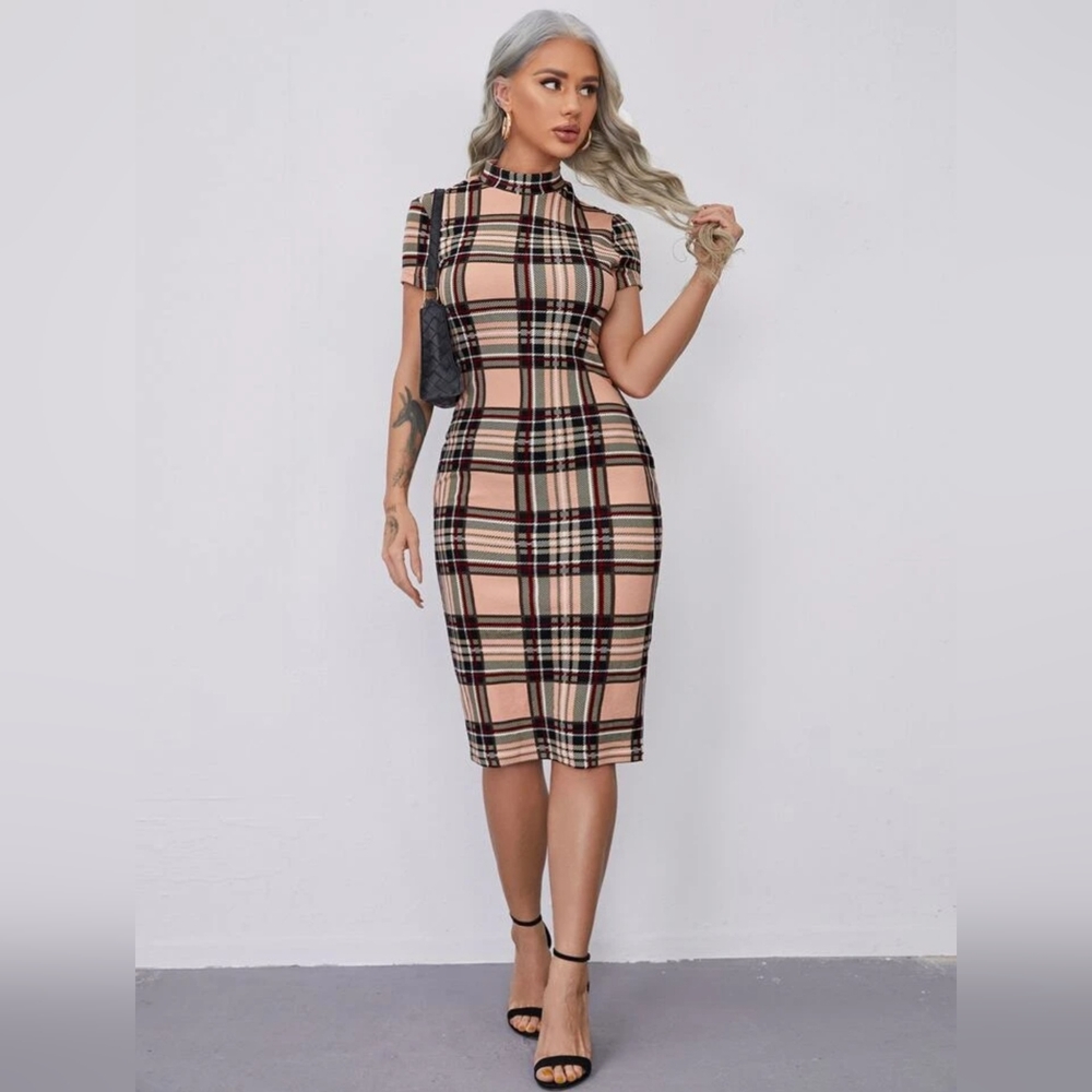 Shein Privé Mock-Neck Tartan Pencil Dress Multicolor